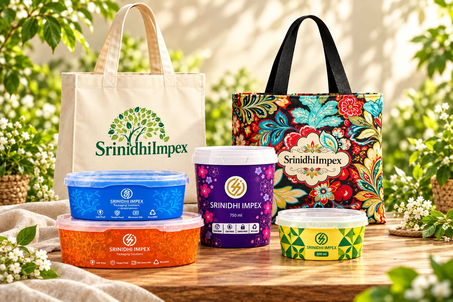 Srinidhi Impex round and oval IML containers alongside natural and printed cotton bags