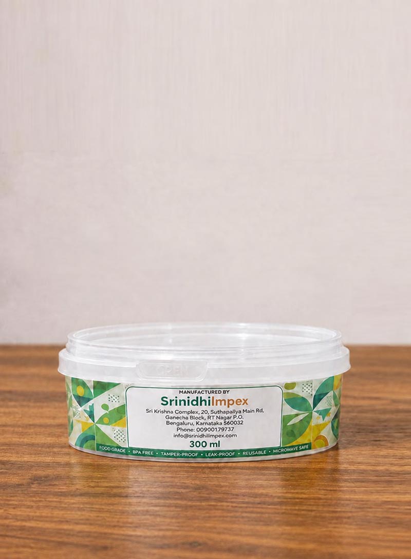 300 ML round IML container with label, back view